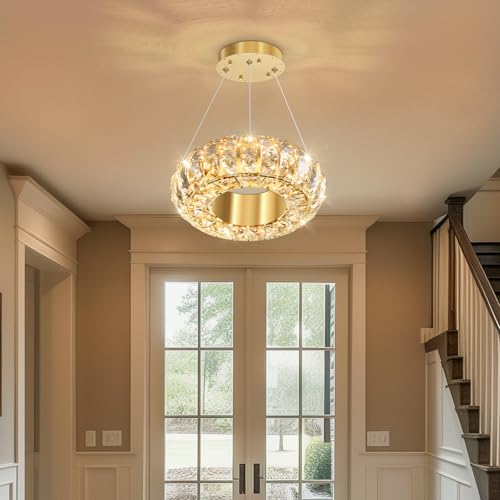 8" Ring Modern LED Dimmable Crystal Chandelier Adjustable Height Pendant Light Round Crystal Chandelier Light Fixtures for Dining Room Living Room Kitchen Island Gold (Gold / 1 Ring Round 8")
