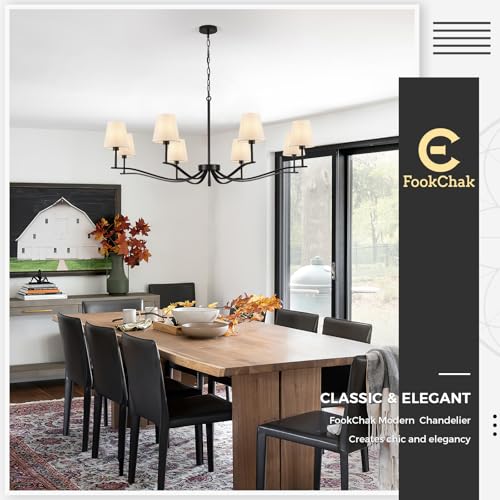 8 Light Black Chandelier with White Linen Shade 44'' Fabric Dining Room Chandeliers Over Table Transitional Living Room Chandeliers for Master Bedroom Entry Hanging Light Fixture Home Office Kitchen (Black & Linen / 43.7 inch)