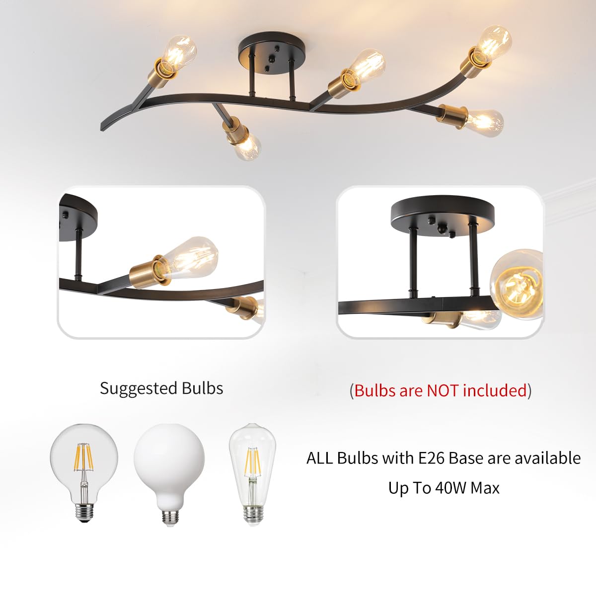 Modern Sputnik Semi Flush Mount Ceiling Light Fixture Black and Gold (5-lights Black and Gold)