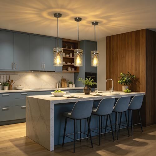 Modern Brush Nickel Hammered Glass Pendant Lights for Kitchen Dining Room (Nickel-1 Pack)