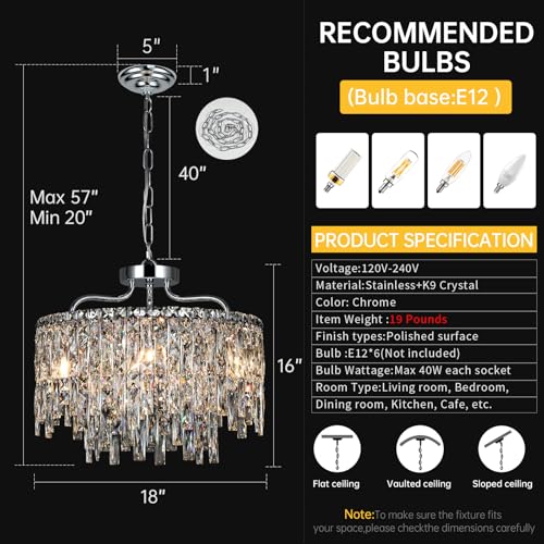 18" 6 Light Modern Round Crystal Chandeliers for Dining Room (Chrome / 6-Light D 18")