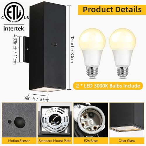 Motion Sensor Outdoor Wall Lights (Black-3 / 12 Inch)