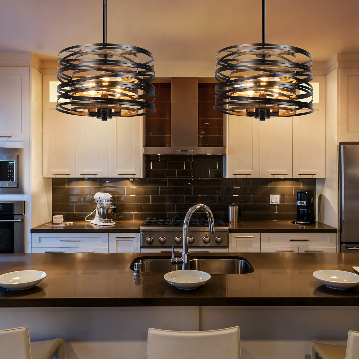 12.6'' Farmhouse Chandeliers for Dining Room (Black with Retro Wood Texture Interior / 12.6"/3-Light)