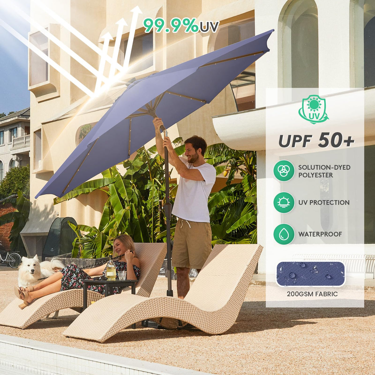 9' Patio Umbrella with Solar Lights (9 ft / Dark Blue)
