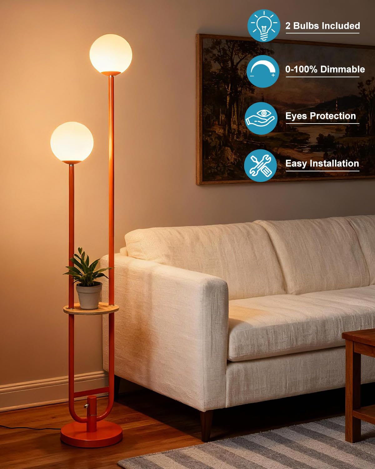 63IN 2 Globe Orange Floor Lamp Dimmable Tall Standing Lamps with Table 3000K Warm White Unique Modern Mid Century Floor Lamp with 5Lbs Heavy Base for Living Room Bedroom Home Office (Orange-2U)