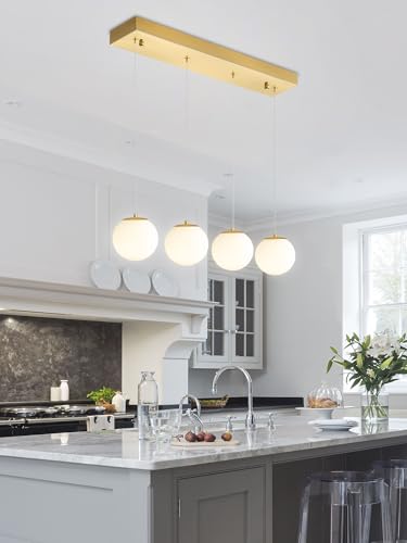 4 Light White Globe Glass Pendant Light Modern Gold Chandelier White Glass Globe Chandelier for Dining Room Kitchen Island Foyer Hallway (Gold-White / Rectangle 4-Light)