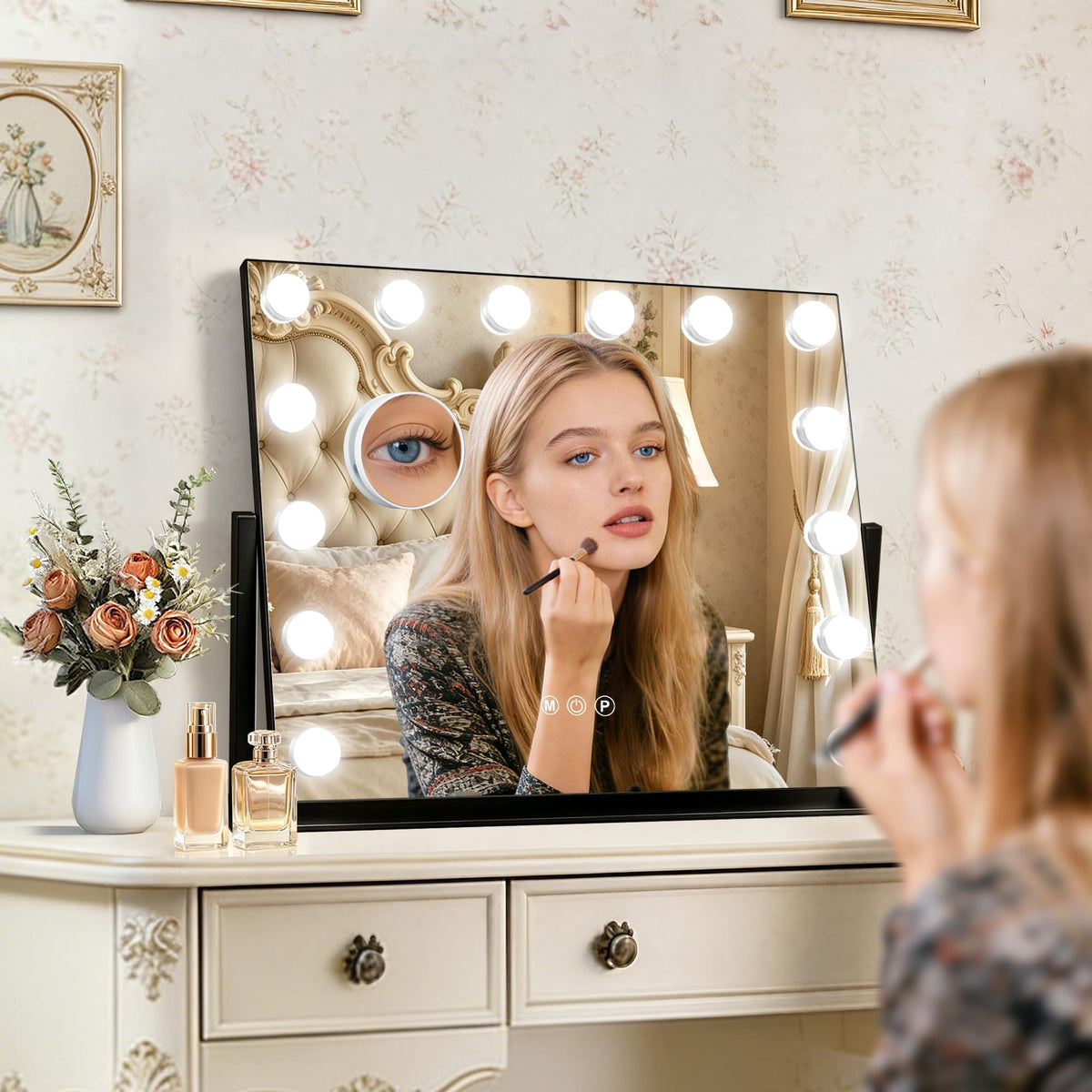 Black Hollywood Vanity Mirror with Lights (Black / 22"L x 17"W)