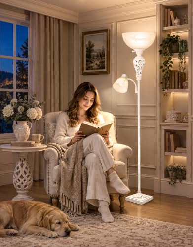 Torchiere Floor Lamp with Adjustable Reading Light for Living Room Corner (Washed White)