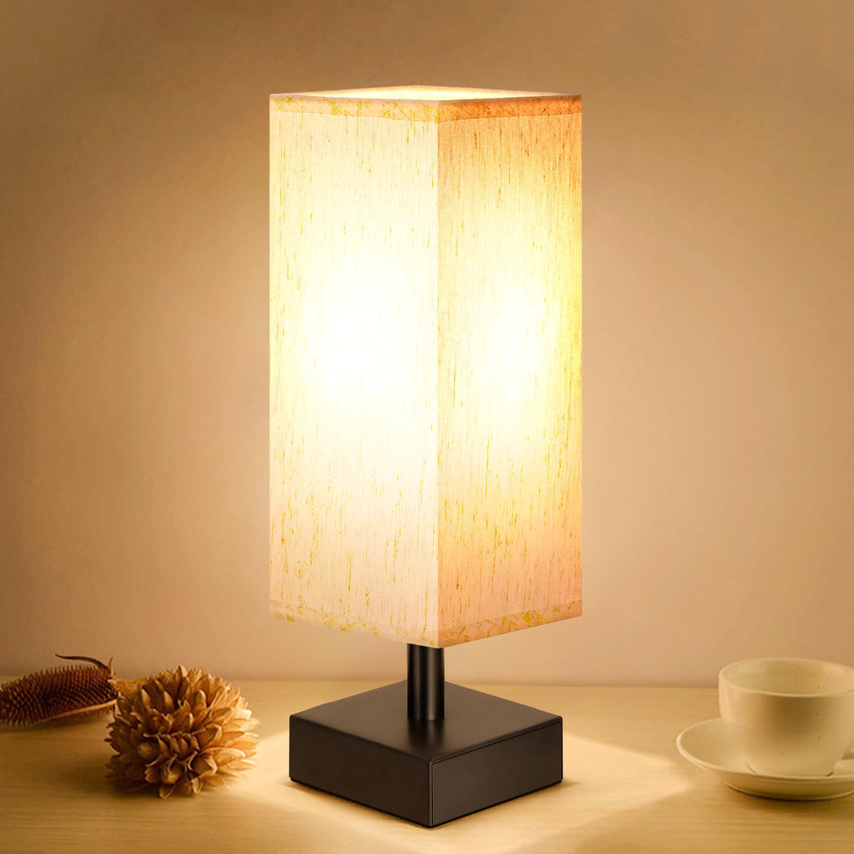 Small Bedside Table Lamp for Bedroom (Cream & Black / 12.8in)