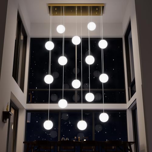 16 Light Gold Chandelier with White Globe Glass Dimmable Ceiling Light Glass Pendant Light for Kitchen Island (Gold-White / Rectangle 16-Light)