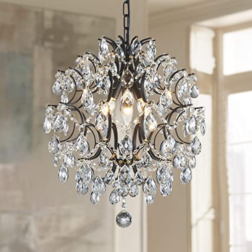 Modern Black Pendant Chandelier Crystal Raindrop Lighting Ceiling Light Fixture Lamp for Dining Room Bathroom Bedroom Livingroom entryway 3 E12 Bulbs Required D16 in x H18 in (D16" x H18" / Black)