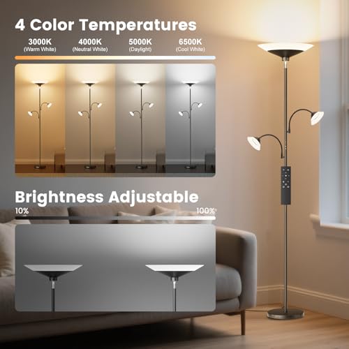 42W 3 Light Torchiere Floor Lamp (Black)