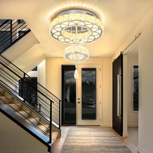 Dia 12" Crystal Mini Chandelier Crystal Silver Ceiling Light Fixtures LED Flush Mount Ceiling Light for Living Room Bedrooms Dining Room Dimmable 2700k 4500k 6000k (Silver / W:12inches)