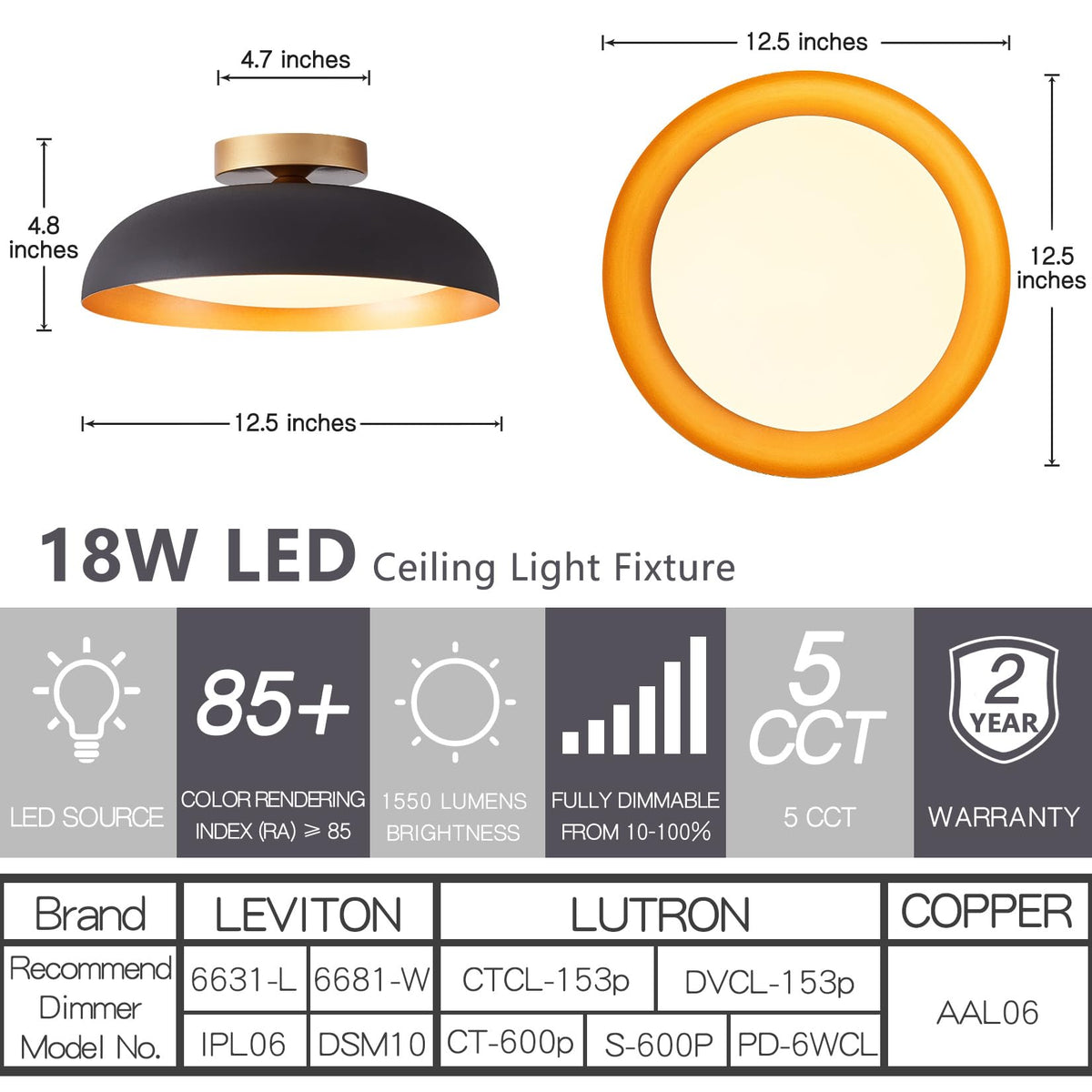Flush Mount Ceiling Light (Matte Black with Gold Inside / 12.5 Inch-1 Pack)