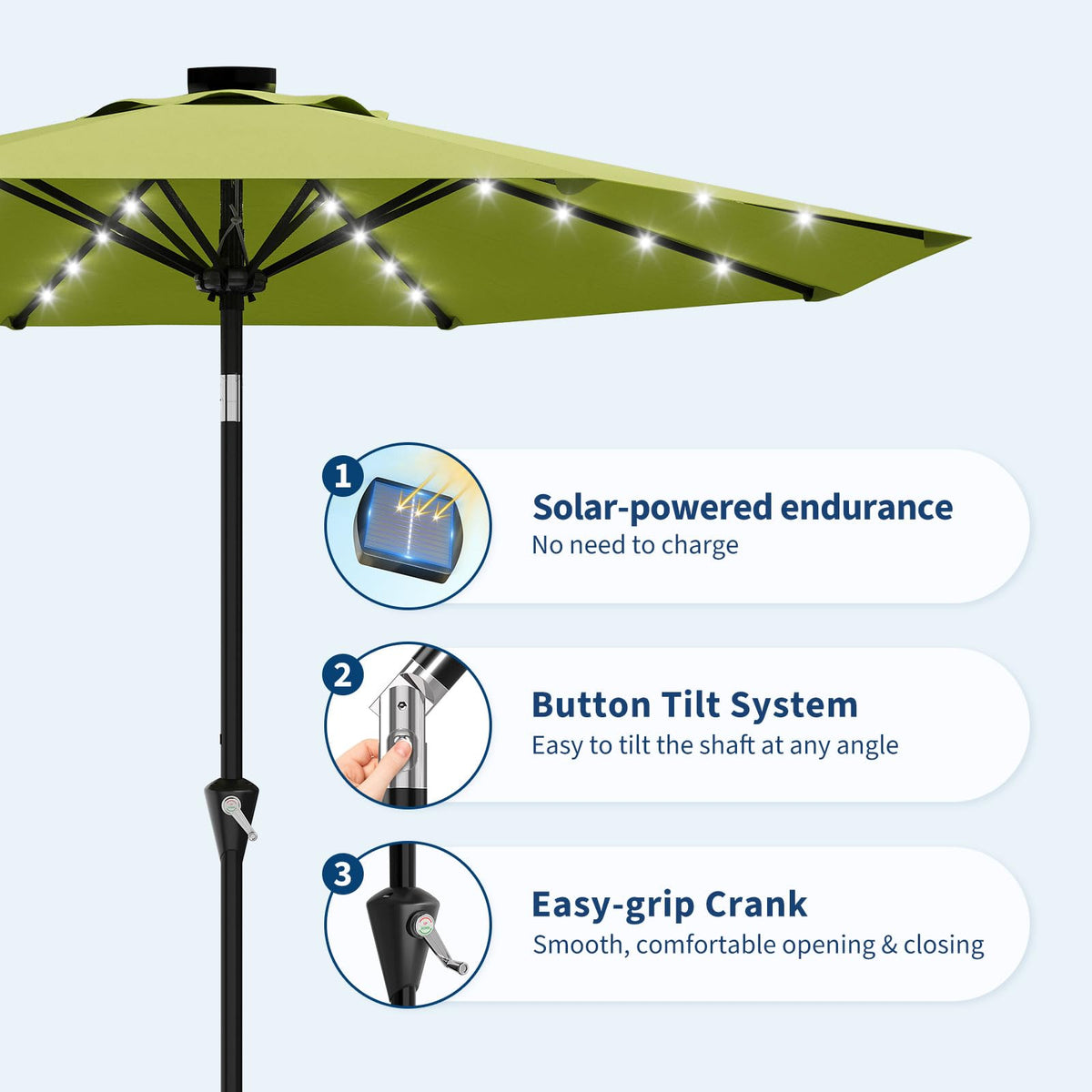 9FT Solar Patio Umbrella Outdoor Umbrella with 32 LED Lights (Apple Green / 9ft With Lights)