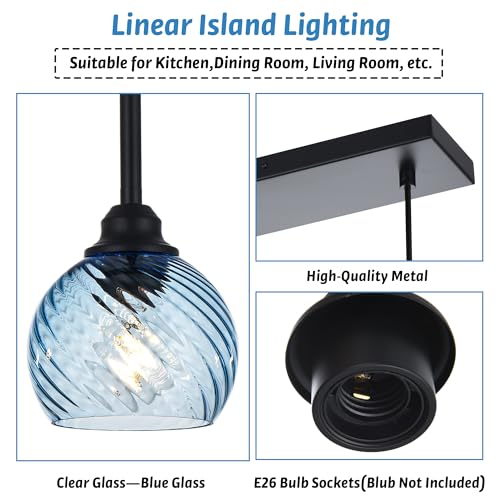 3 Light Island Lights for Kitchen with Striped Swirl Globe Glass (Blue / 3-Light-Straight Bar)