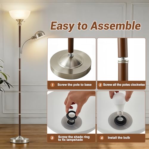 72" Wood Torchiere Floor Lamp with Glass Shade Walnut Standing Lamp (Dark Walnut)