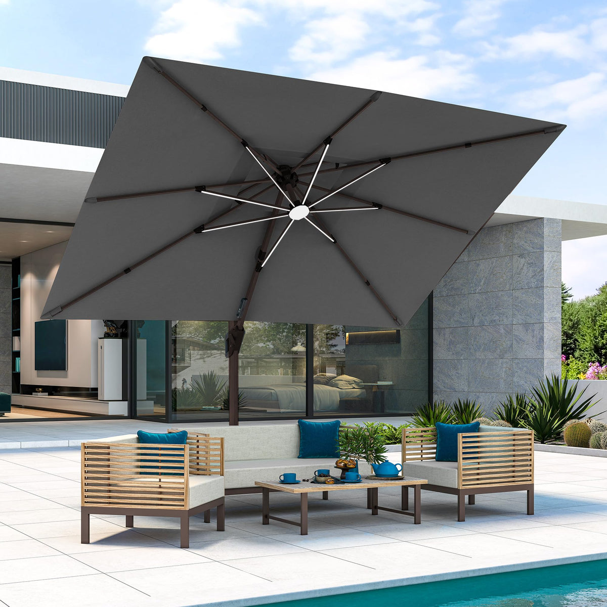 9x12 FT Cantilever Offset Patio Umbrella with Lights & Base (Grey)