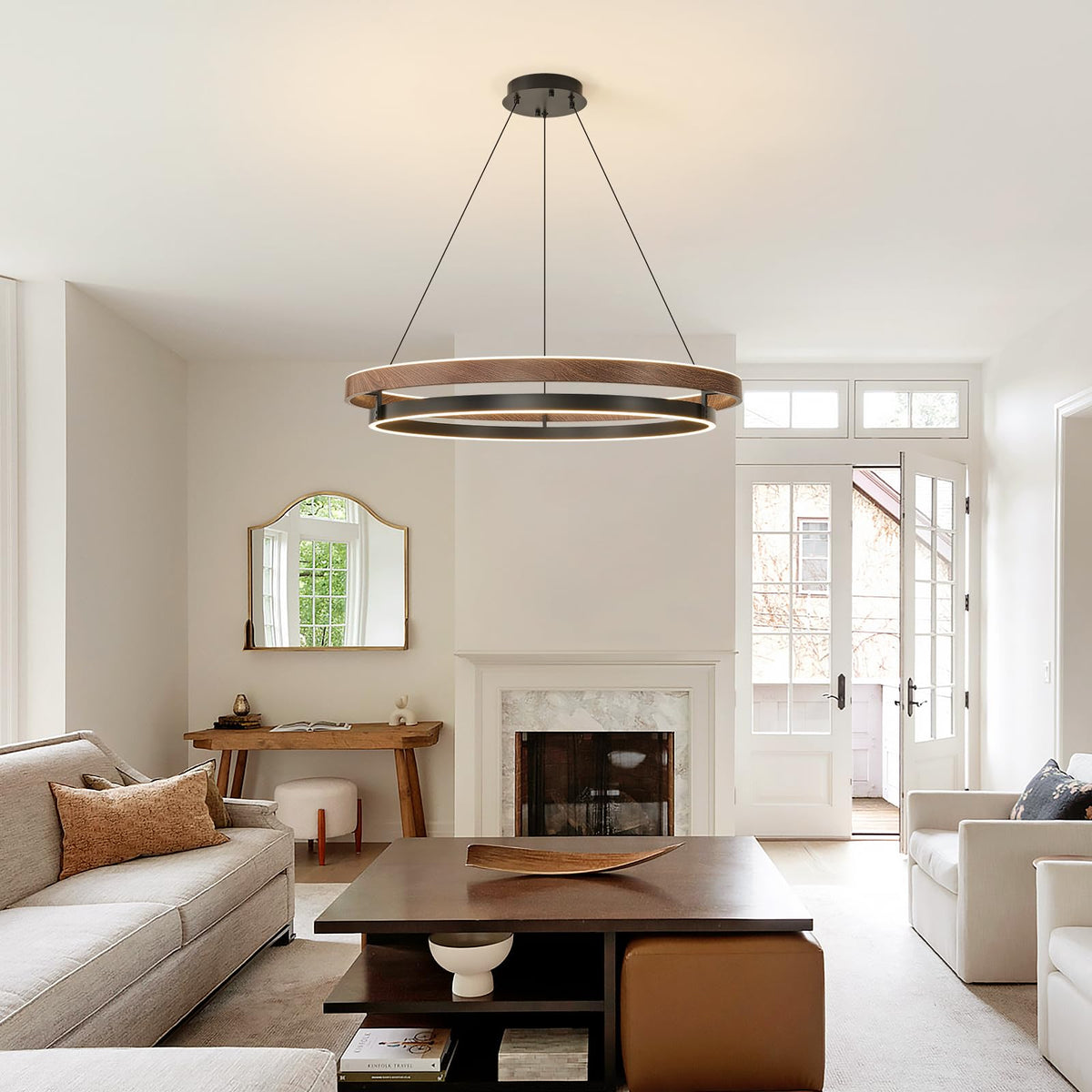 2 Ring Wood Round LED Chandelier (31.5'')