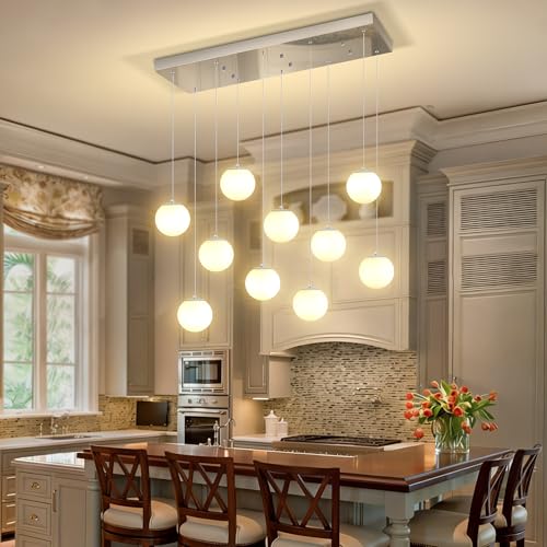 Chandeliers for Living Room Silver Pendant Light with White Globe Glass Dimmable Ceiling Light Rectangular Flush Mount Chandeliers Ceiling Light for Kitchen Island (Silver-White / Rectangle 10-Light)