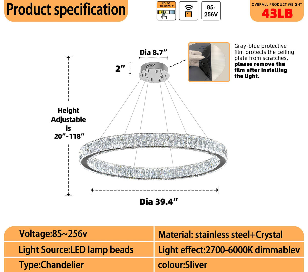 39.4in Large Ring Chandelier Modern LED Crystal Chandelier Chrome Round Crystal Chandeliers for Dining Room Living Room (Silver 1 Ring 40")