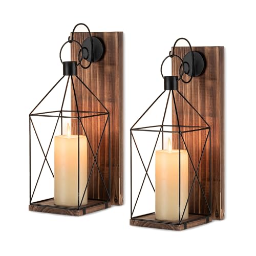 Wood Wall Candle Sconce with Black Lantern (Brown)