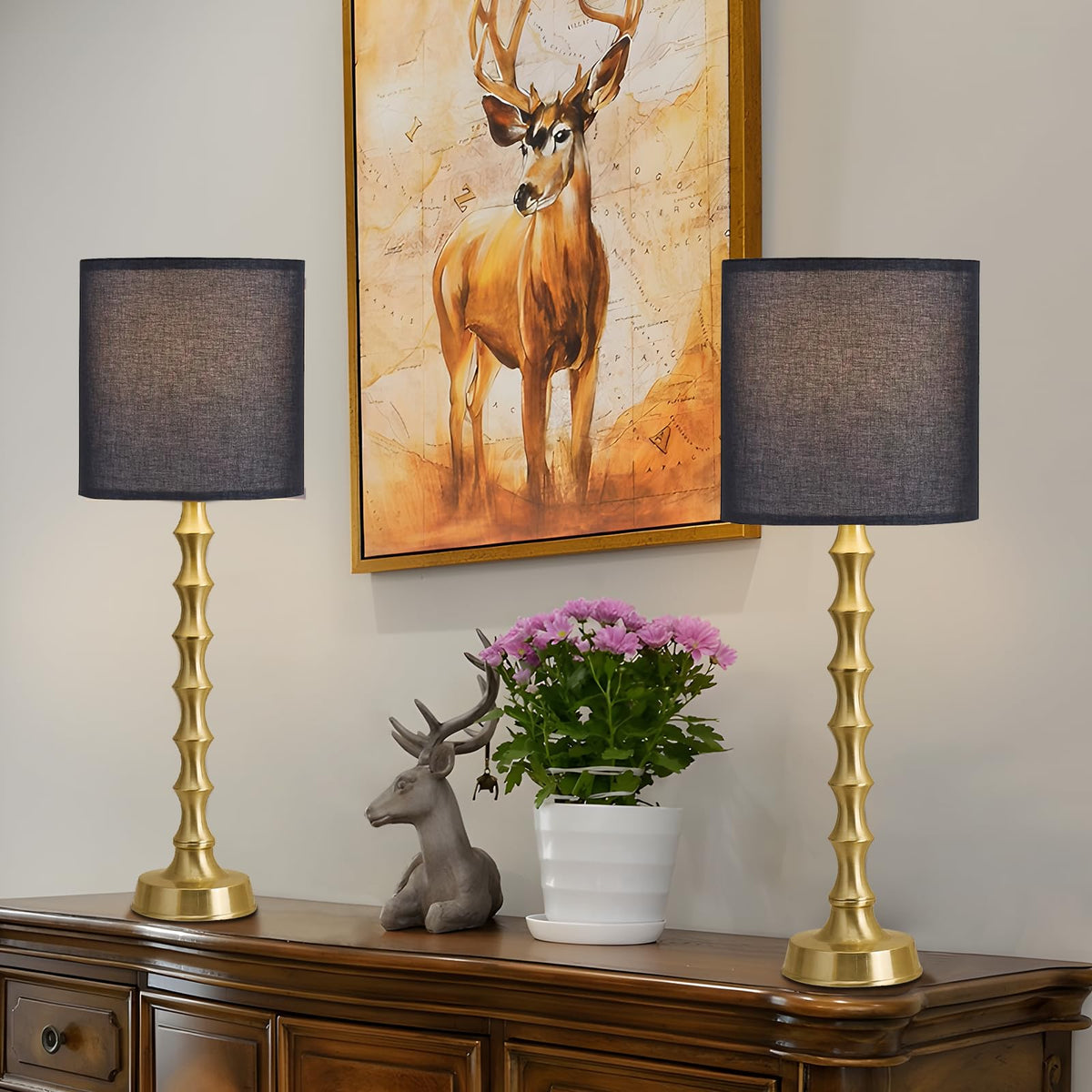 30.5" Gold Buffet Table Lamps Set of 2 with Black Shade (Black)