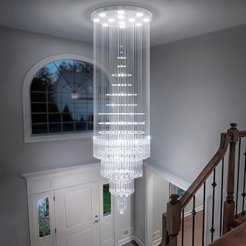 D32''X H110'' High Ceiling Chandelier Crystal Raindrop Chandeliers Staircase Large Chandelier Villa Entrance Foyer Ceiling Light High Ceiling Pendant Light Fixture (Silver / D32"X H110")