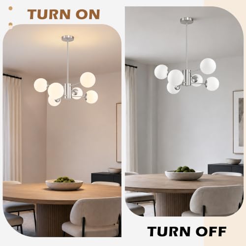 6-Light Mid-Century Modern Nickel Sputnik Chandeliers Dining Room (Milk, Nickel, M)