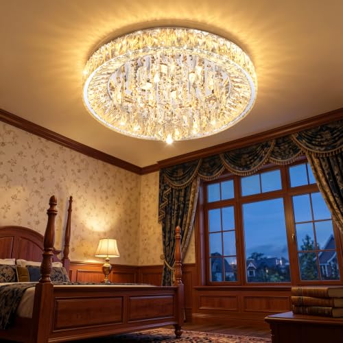 23.6" Modern Crystal Chandeliers LED Dimmable Flush Mount Ceiling Chandeliers for Living Room Entrance Foyer Bedroom Silver (Silver / 23.6" Width)