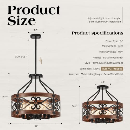 2-in-1 6-Light Farmhouse Drum Pendant Light, 20'' Rustic Ceiling Light with Brown Wood Texture, Adjustable Hanging Height, Industrial Black Metal Chandelier for Dining Room, Kitchen Island, Entryway (20in-6 Light (2 in 1))
