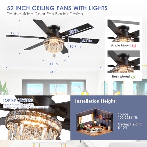 52" Low Profile Crystal Ceiling Fans with LED Lights and Remote (Black-52IN-8341)