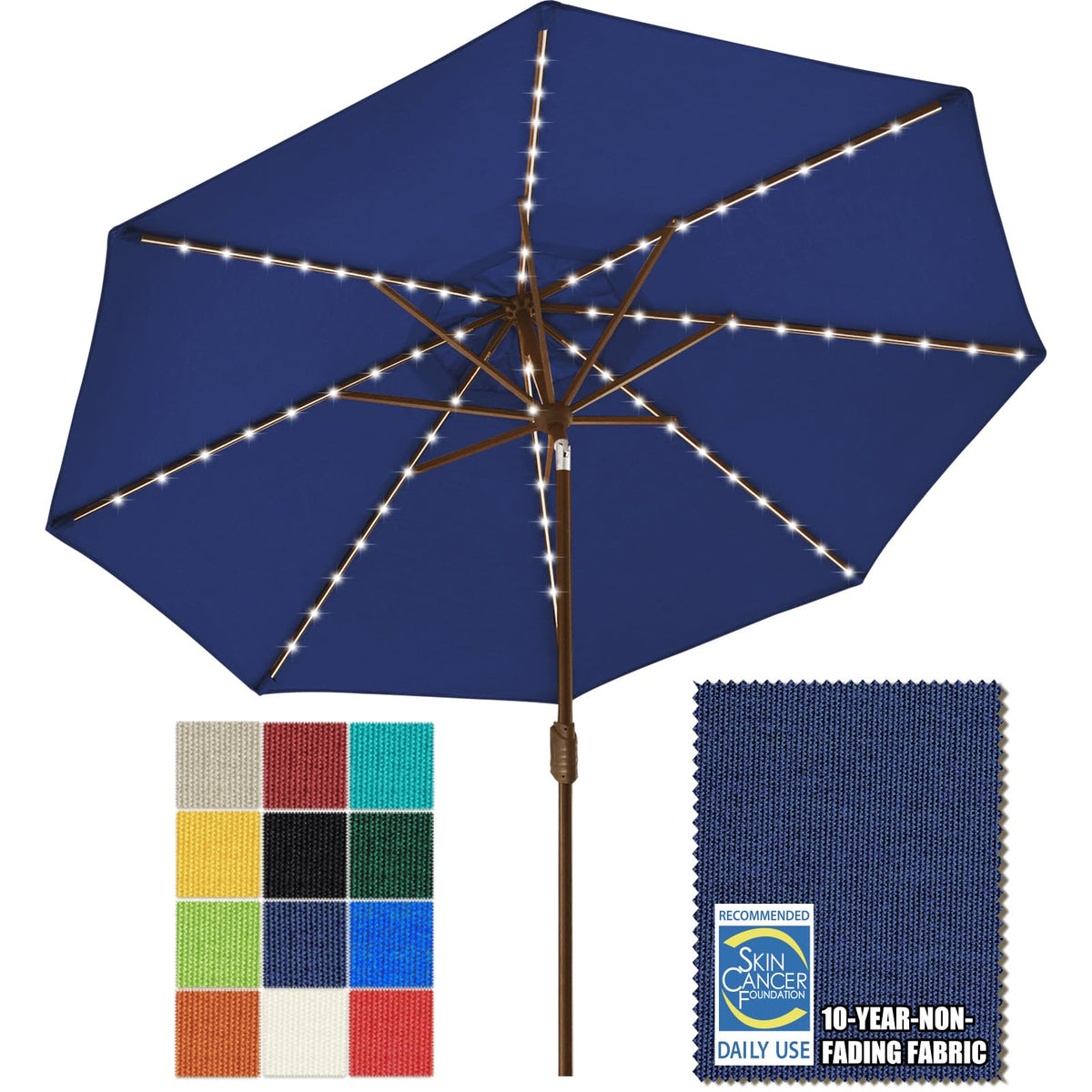 USA 10-Year-Non-Fading 9ft Market Patio Umbrella, Commercial Grade Table Sun Umbrella with 80 Solar LED Lights, Crank Open, Windproof & UPF 50+ UV Protection for Garden, Deck, Pool, Backyard, Navy Blue (Navy Blue / 9 FT(Single Vent Tilt))