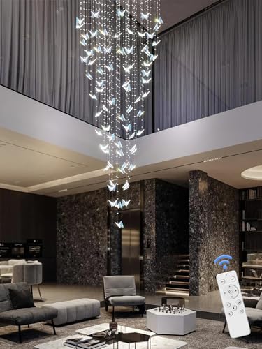 H102 High Ceiling Chandelier Modern Crystal Chandeliers Lighting Raindrop Large Chandelier for Staircase Foyer Entryway Living Room Dimmable 3000 (Silver / Dia 32")
