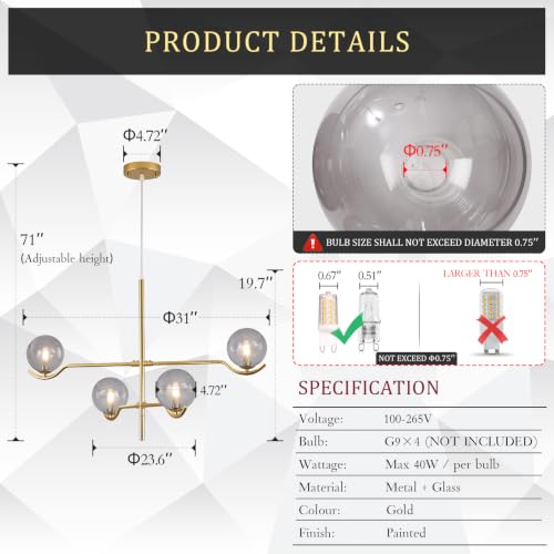 Modern Sputnik Chandelier with Glass Globe Ceiling Pendant Light