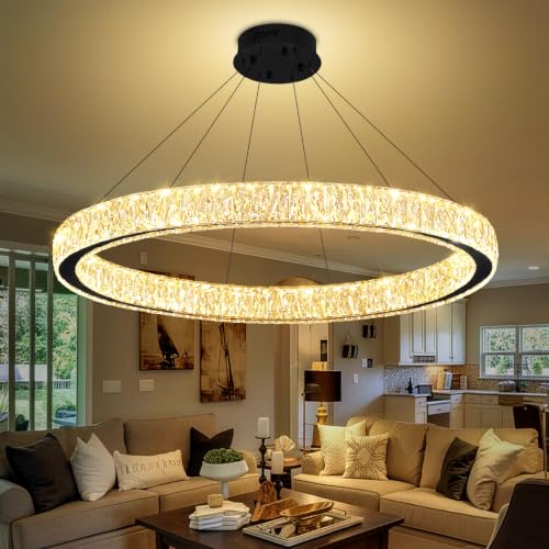 Crystal Ring Chandeliers for Living Room Foyer Hallway Staircase High Ceiling Chandeliers Long Hanging Pendant Light LED Dimmable 3000