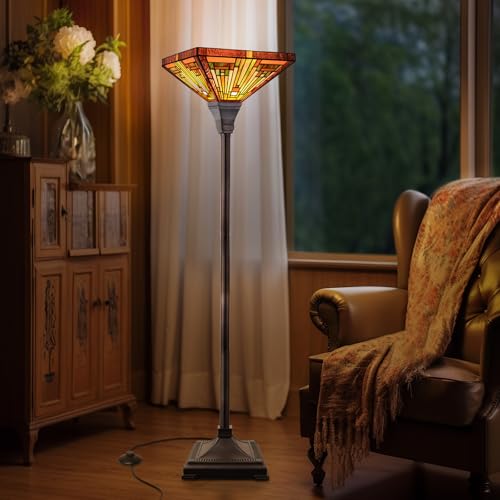 Tiffany Lamp Antique Amber Brown Stained Glass Torchiere Floor Lamp