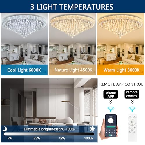 53.7" Modern Chandeliers LED Dimmable Crystal Flush Mount Ceiling Chandeliers for Living Room High Ceiling Entrance Foyer Lobby Bedroom Silver (Silver / 53.7" Width)