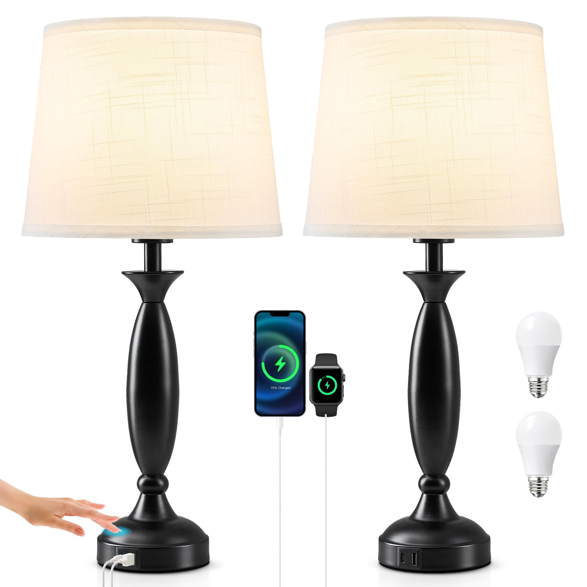 23" Touch Lamps for Nightstand Set of 2 (Black & White Shade)