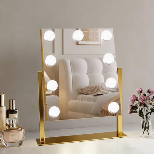 Vanity Mirror with Lights (Gold / 12"L x 14"W)