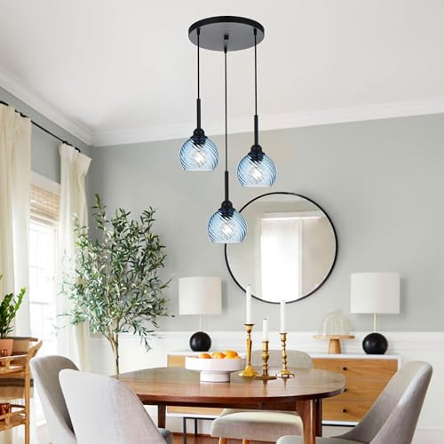 3 Light Pendant Lighting with Striped Swirl Globe Glass Blue Cluster Pendant Light for Kitchen Island (Blue / 3-Light-Round Cluster)