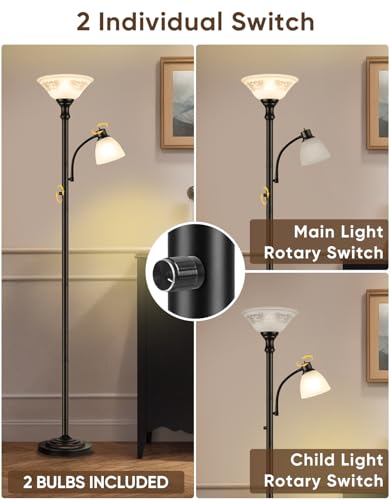 Torchiere Floor Lamp for Living Room with Reading Light (Black)