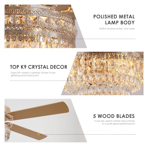 62"Golden Crystal Chandelier Ceiling Fans with Lights and Remote Control (Gold-62IN)