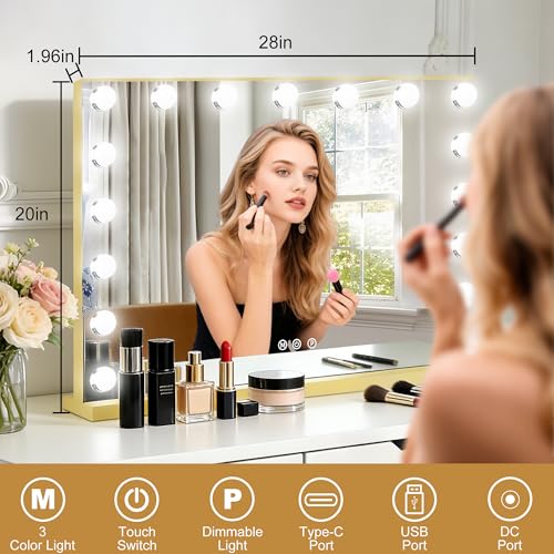 Vanity Mirror with Lights (Gold / 28"L x 20"W)