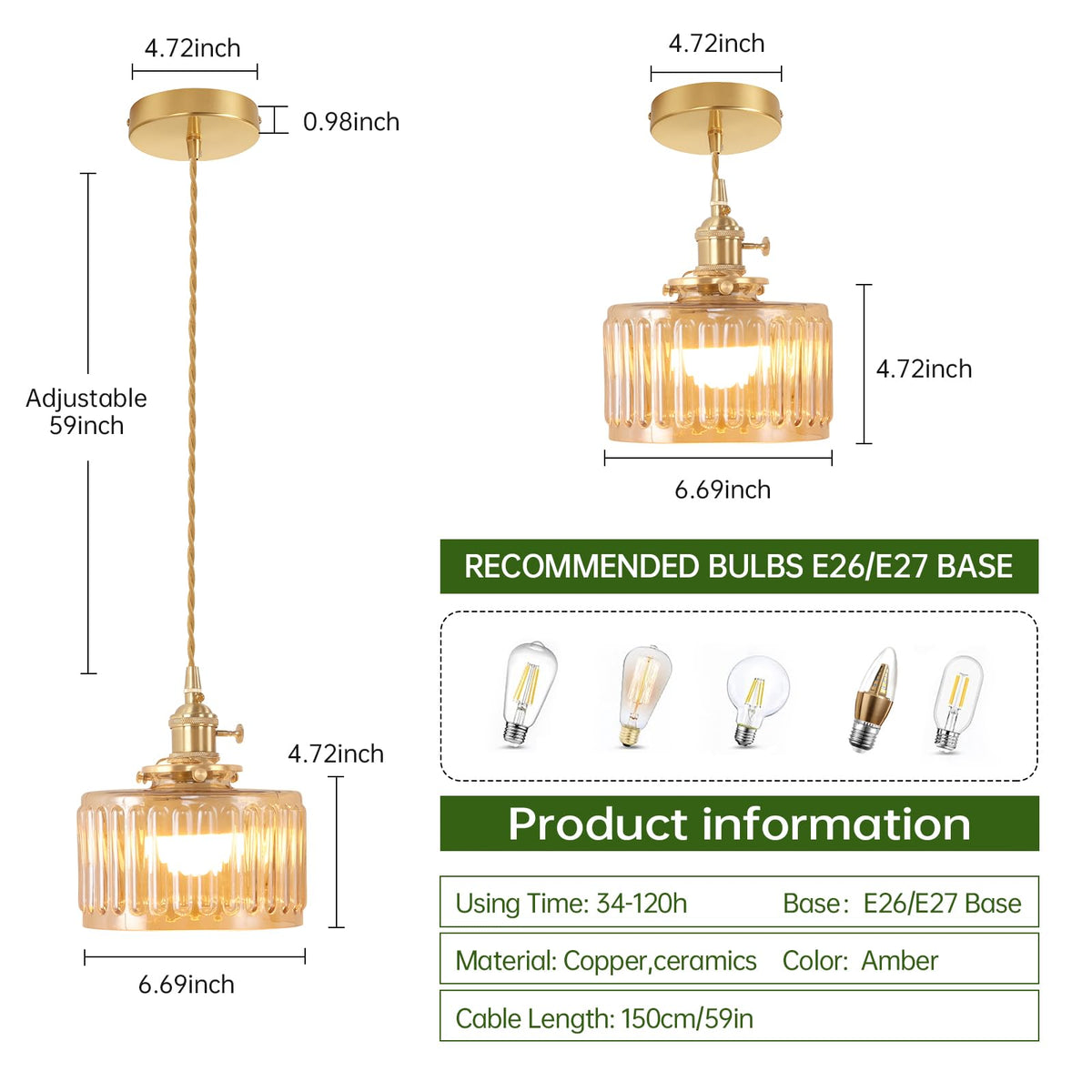 Battery Operated Pendant Light 5000mAh Rechargeable Chandelier with Remote Control Wireless Adjustable Hanging Amber Striped Light for Kitchen Island Dining Room Hallway (Z-Striped Amber new)