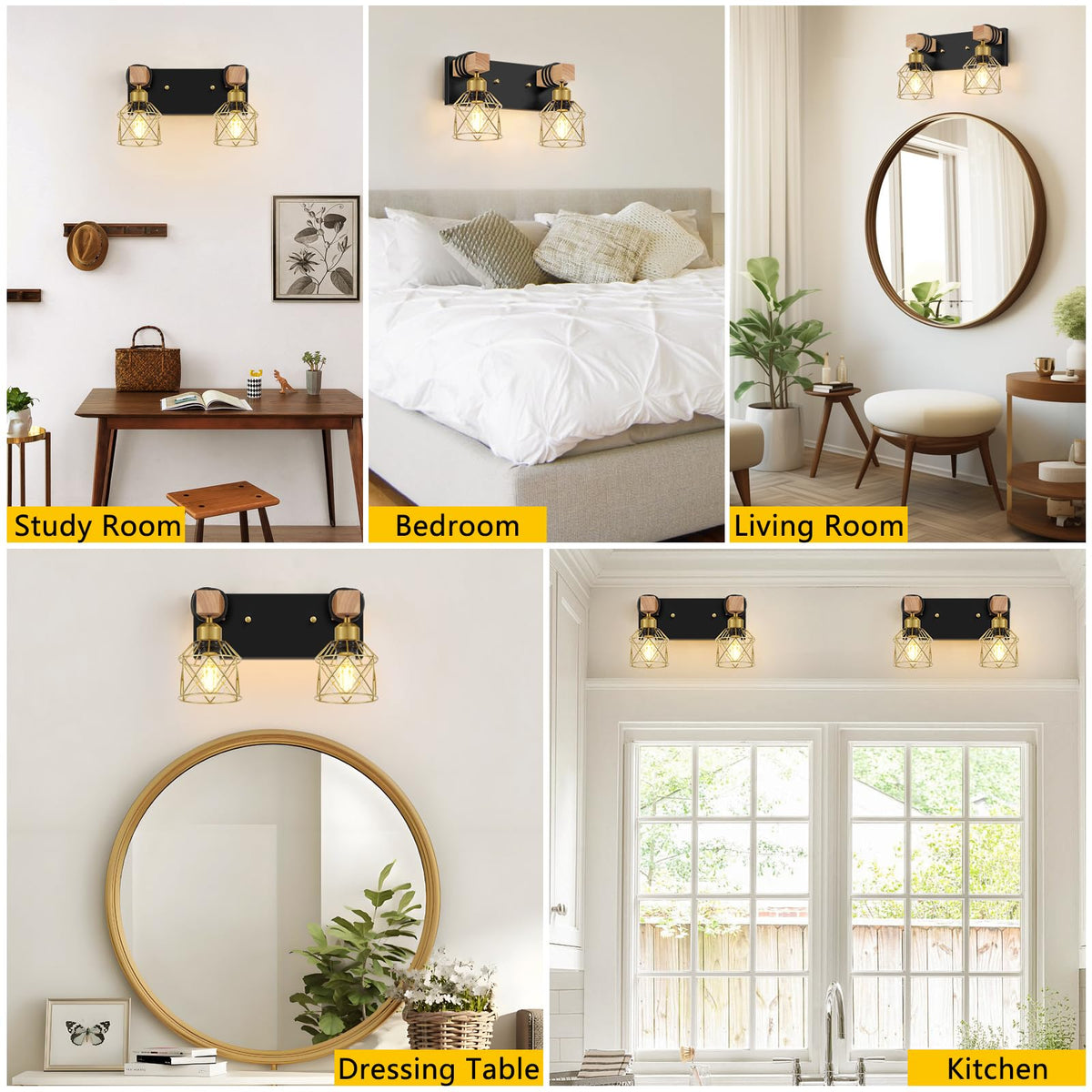 Rustic Style Wood Bathroom Wall Sconces (Black & Gold / 2-Lights)