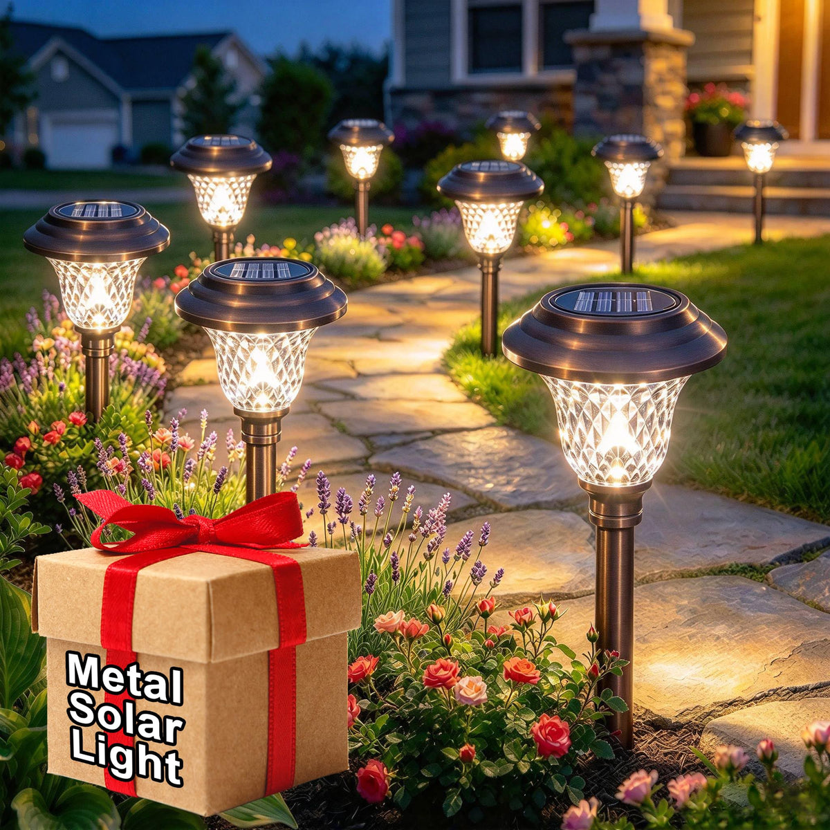 8 Pack Solar Pathway Lights White+Color Changing Stainless Steel 3 Mode Outdoor Multicolor Metal Solar Powered Waterproof Glass for Garden Landscape Path Yard Walkway Driveway Bronze (New-Bronze Metal 8pack)