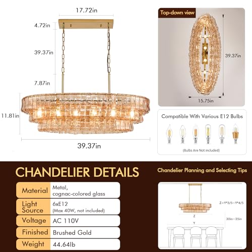 40in Large Chandelier Gold (Rectangle Amber & Gold Chain / 39.37in)