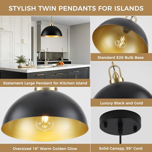 16 inch Dome Pendant Light (Black & Gold / 16 inch)