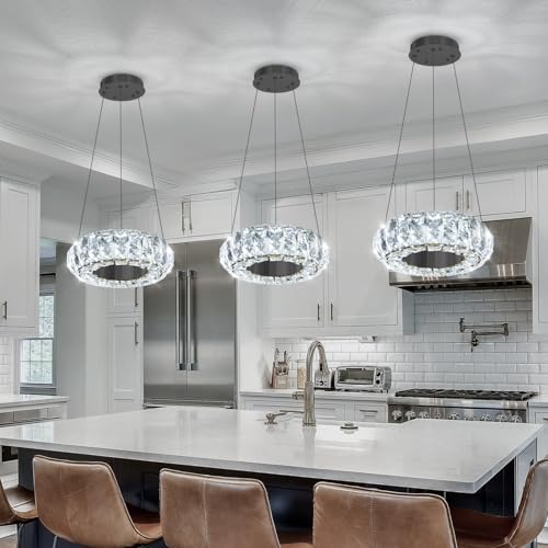 8" Ring Modern LED Dimmable Crystal Chandelier Adjustable Height Pendant Light Round Crystal Chandelier Light Fixtures for Dining Room Living Room Kitchen Island Black (Black / 1 Ring Round 8")